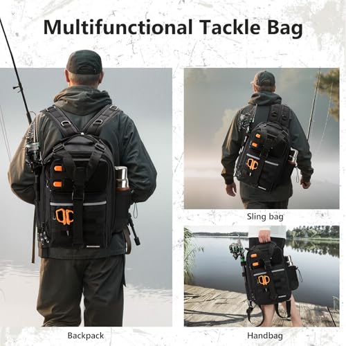 BASSDASH Convertible Fishing Backpack Sling Bag with Rod Holder, Adjustable Tactical Water-Resistant Tackle Storage Pack FP07 - color: Black, size: Large