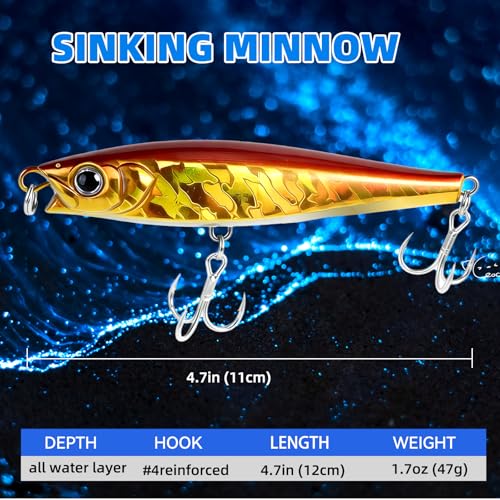 3pcs Saltwater Fishing Lure Long Cast Sinking Jerkbait Swimbait Wobbler Artificial Hard Bait - Mixed Color for Trout Bass Sea Bass (AH1247-4.7'' 1.7oz) - color: AH1247B-4.7'' 1.7oz