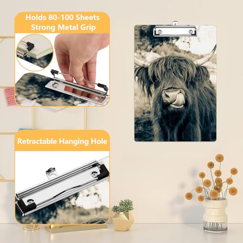 Highland Cow Clipboard, Wild Animals Decorative Clip Board with Metal Clip Cute Plastic Clipboards A4 Standard Size 8.5" x 12.5" for Nurses, Students, Office - color: Highland Cow