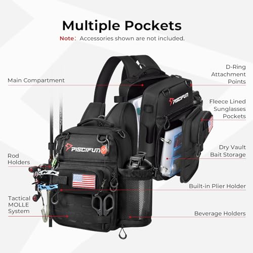 Piscifun Fishing Tackle Backpack, Convertible Sling or Waist Pack, 16-Pocket Storage Gear Bag with 2 Rod Holders & Rain Cover - color: Black