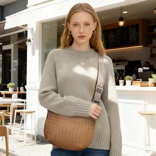 KALIDI Woven Crossbody Bags for Women Travel Vegan Leather Fanny Packs for Woman Cross Body Purse Fashion Belt Bum Bag with Wide Strap - color: Light Brown
