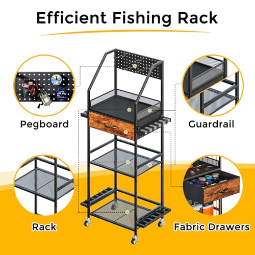 Fishing Rod Holder Organizer with Fabric Drawer & Pegboard, Space-Saving Garage Storage for 12 Rods, Reels, Tackle Boxes, Portable Fishing Gear Cart for Easy Access & Mobility