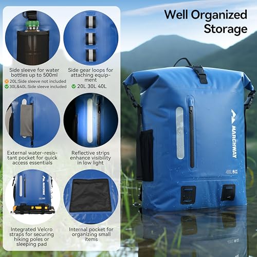 MARCHWAY Roll Top Waterproof Backpack, Floating Dry Bag 20L/30L/45L with Ergonomic Rectangular Base, Cushioned Back, Hip Strap for Hiking Camping Kayaking Travel (Blue, 20L) - color: Blue, size: 20L