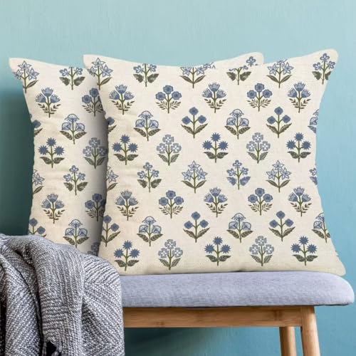 AEIOAE Block Print Floral Pillow Covers 18 X 18 Inch Set of 2, Blue Green Vintage Flower Decorative Throw Pillow Covers Boho Farmhouse Gift Cushion Case for Home Sofa Outdoor Decor - color: Floral2, size: 18" x 18" (Pack of 1)