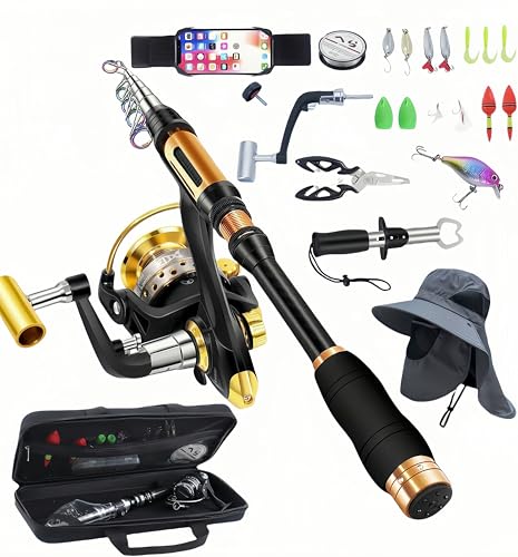 Portable Fishing Spinning Rod and Reel Combo Set Carbon Fiber Fluorescent Rod Tip, with Fishing Lures Line Carrier Bag Kits for Travel Surf Saltwater Freshwater - color: Black, size: 2.06M/82in/6.8ft