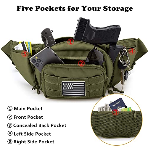 Tactical Fanny Pack Gun Holster Concealed Carry Pistol Military Tactical Waist Bag Waterproof Molle EDC Pouch with USA Flag Patch - color: Green