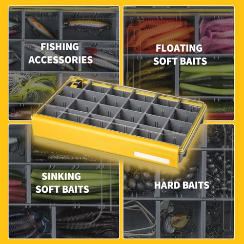 Waterproof Anti-Corrosion Tackle Box One Hand Latch 3600 and 3700 Organizer with Removable Dividers Lure Box and Terminal Tackle Trays Fishing Storage Yellow (3700) - size: 3700