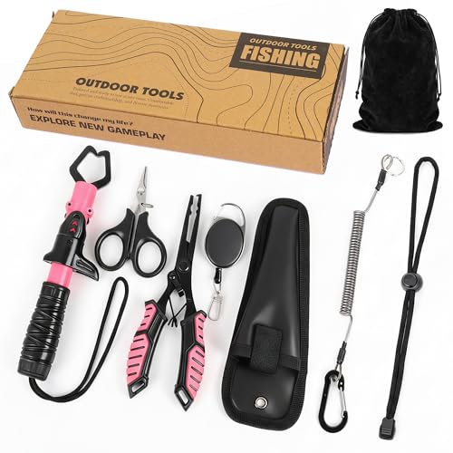 Fishing Gear Set for Women, 6PCS Fishing Accessories Tool Kit with Fish Lip Gripper & Pliers, Ice Pink Fishing Gear for Freshwater Saltwater, Gift for Fishermen,Gripper Fishing Gifts for Men