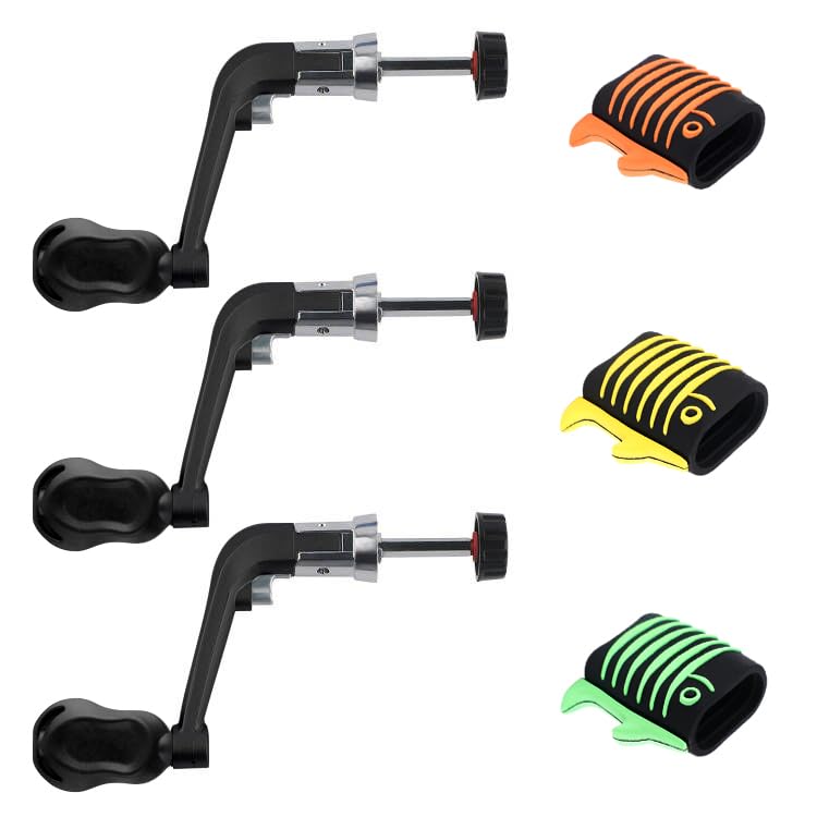 Fishing Reel Replacement Handle with Knob Covers, Spinning Casting Baitcaster Reel Grip Parts Universal Rocker Arm Non-Slip Rubber Sleeve - color: Black Handles & Fish-shaped Knob Covers