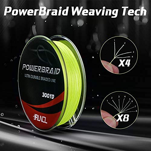 RUNCL PowerBraid Fishing Line 4/8/9 Strands, Braided Fishing Line 300/500/1000Yds - Seamless Weaving Tech, Enhanced Coating Tech, Zero Stretch, High Sensitivity, Smaller Diameter - Braid Line 15-115LB - color: Hi-Vis Yellow, size: 20LB-300yds(4 Strands)