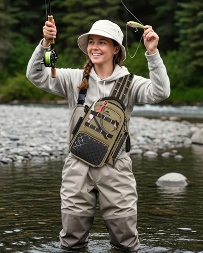 MATEIN Fishing Sling Bag with Lure Rod Holder & Phone Pouch, Waterproof 3600 Tackle Box Backpack with Removable Bait Binder - color: Khaki & Black