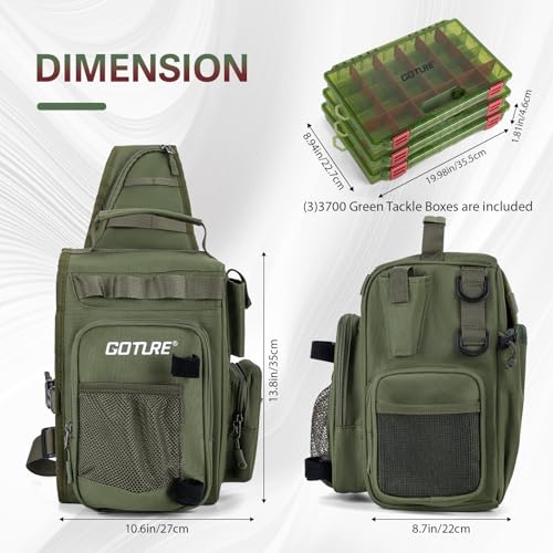 Goture OpenSide Fishing Sling Tackle Storage Bag with 3 3700 Tackle Boxes, Lightweight Fishing Backpack Storge Fishing Gear and Equipment - Green Bag for Fishing,Gift for men - color: Green, size: Large bag with 3700 trays, style: Bag + Fishing Boxes(hand