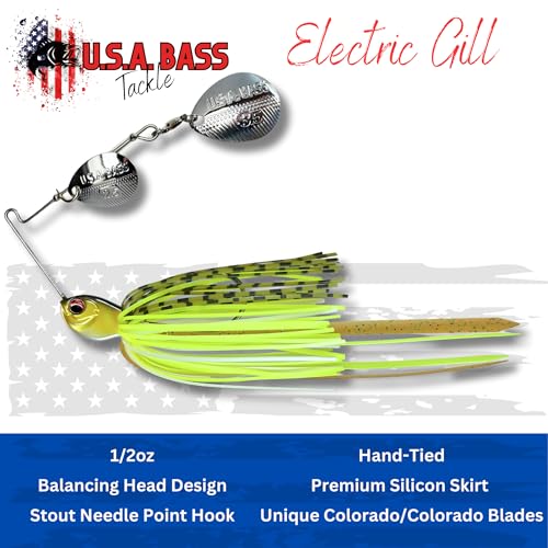 USA BASS Tackle Apache Attack Spinnerbait Type II Largemouth Smallmouth Spotted Bass Premium Fishing Bait Handtied Skirt Custom Blades Heavy Duty Hook New for 2025 - color: Electric Gill, size: 1/2oz - Colorado/Colorado