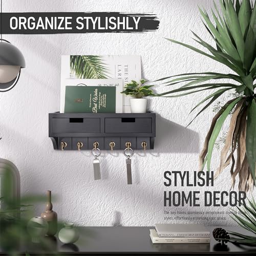 Rebee Vision Key Holder Wall Mount with 2 Drawer Organizer : Decorative Mail Organizer with 6 Key Hooks & Small Wall Shelf - Modern Home Decor for Apartment Essentials (Black) - color: Black, style: 2-Drawer