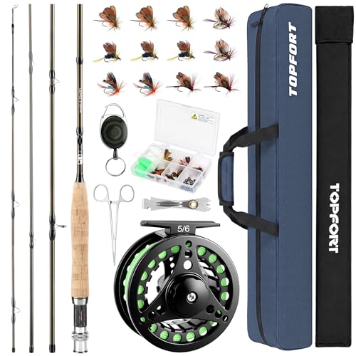 TOPFORT Fly Fishing Rod and Reel Combo, 4-Piece Fly Rod Kit with Complete Fly Fishing Gear: Fly Rod, Pre-Spooled Fly Fishing Reel, Fishing Flies, Leader, Forceps, Nipper and Carrying Case - color: 5/6# 2.7m 9FT Fly Fishing Rod and Reel Combo