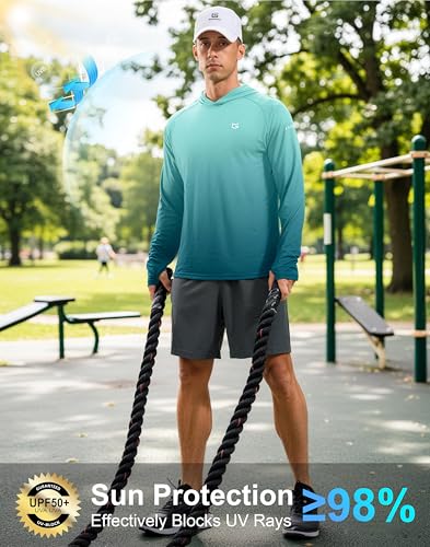 Men's Sun Protection Hoodie Shirts Long Sleeve UPF 50+ Swim Shirts for Men Rash Guard Fishing Shirt Quick Dry - color: Gradient Blue Green, size: Large