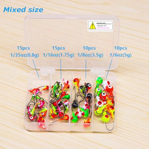 50pcs Fishing Jig Head Hooks kit, Round Ball Fishing Jigs with 3D Eyes Carbon Steel Hooks for Soft Lures Bass Freshwater Saltwater 1/8oz 1/6oz 1/4oz 1/16oz 1/35oz - color: Multi-colored - 50pcs, size: Size F- 4 Mixed Sizes