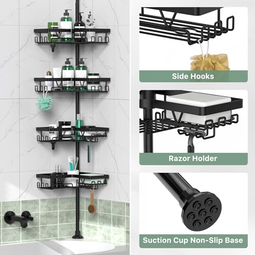 DAOYA Corner Shower Caddy Tension Pole - 4 Tier Stainless Steel Rustproof Shower Corner Caddy for Bathtub Bathroom Shower Organizer Shelves Adjustable Pole 25-114.2 Inch Black - color: Dark Black