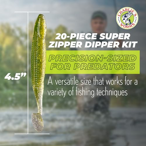 Charlie's Worms Bass Lures Freshwater Fishing Lure - Scented Artificial Softbait for Freshwater & Saltwater Bass Fishing, Swimbait, Softbait - style: Super Zipper Dipper (20-piece)