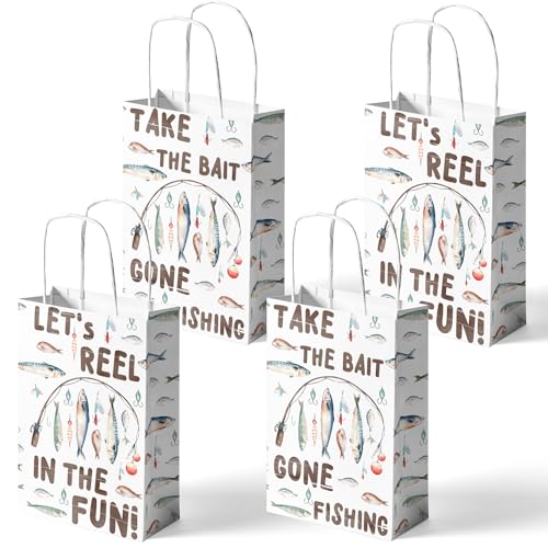 SamPartyShop 24 Pack Fishing Party Favor Bags for Kids – Gone Fishing Goodie Bags with Handles, Fishing Birthday Decorations, Fishing Party Supplies for Boys
