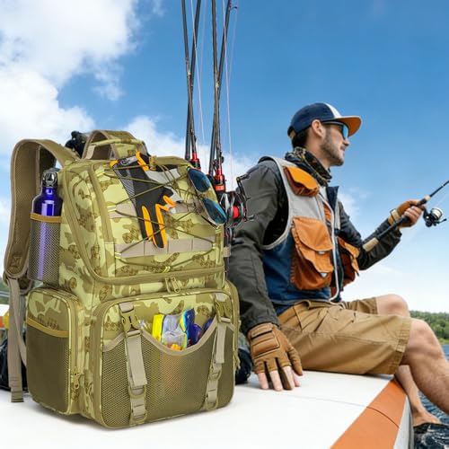 RUCYEN Fishing Backpack, 45L Large Cooler Fishing Tackle bag with Rod Holders & Rain Cover, Water-resistant Store Gear (Khaki Camo(With 4 Tackle Boxes)) - color: Khaki Camo(with 4 Tackle Boxes)