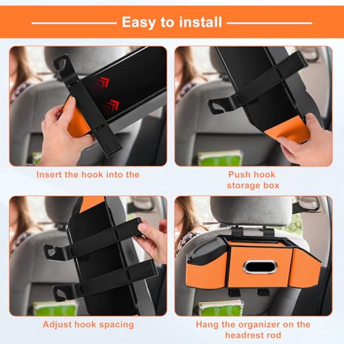 7-In-1 Car Seat Back Organizer with Cup Holders, Tissue Box, Garbage Can&Hooks, Multifunctional Headrest Storage Organizer, Headrest Cup Holder for Backseat, Car Accessories for Trips, Travels(Orange) - color: Orange