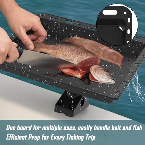 Adjustable Boat Bait Cutting Board – 360° Rotating Nylon Cutting Board Bait Table with Measuring Lines, Tool Slots, Drain Holes & T-Track Compatibility