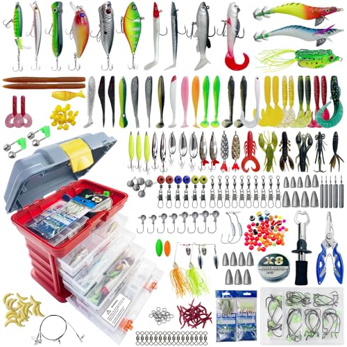 Fishing Lures Kit with Tackle Box Included Crankbait, Minnow, Spinnerbaits, Spoons, Soft Lures, Jigs, Hooks, Bait Rigs, Weights Sinkers, Topwater Lures Freshwater Saltwater 346/353Pcs - color: 353pcs