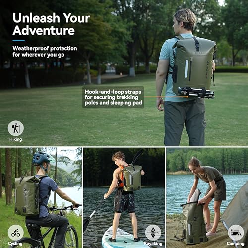 MARCHWAY Roll Top Waterproof Backpack, Floating Dry Bag 20L/30L/45L with Ergonomic Rectangular Base, Cushioned Back, Hip Strap for Hiking Camping Kayaking Travel (Army Green, 45L) - color: Army Green, size: 45L