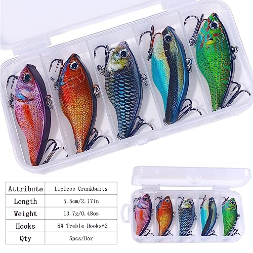 Lipless Crankbait, Rattle Trap Fishing Lures for Freshwater Saltwater, Lipless Crankbaits for Bass Fishing Lure Set for Bass Trout Walleye Redfish Pike, 5pcs with Box - color: B:2.17in/0.48oz/5pcs