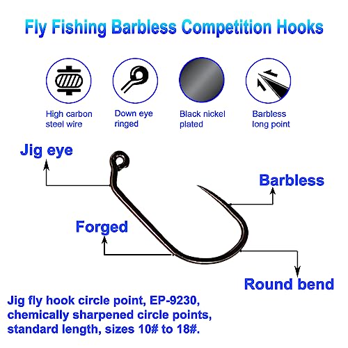 Eupheng 100pcs Plus Best Barbless Competition Fly Fishing Hook Collection, Dry Nymph Strimp&Pupa, Pupa jig Fly Hooks High Carbon Competition Hook - color: Jig Fly Hook Circle Point EP-9230, size: 10#