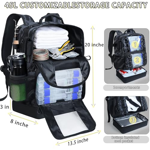Fishing Backpack with Tackle Boxes,45L Large Tackle Bag with Cooler & Fishing Gear Kit,Waterproof Tackle Backpack for Gift with Fishing Lures, Fishing Pliers,Camouflage - color: Camouflage Black(with Fishing Gear)