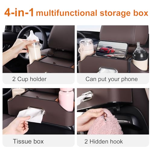 Car Rear Backseat Extra Multifunctional Drink Cup Holder Organizers with Tissue Storage Box Organizer & Hooks for Car Seat Back (Brown) - color: Brown