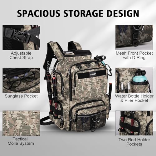 Goture Fishing Backpack,900D Water-Resistant Tackle Backpack with Rod Holders, SBS Zippers,45L Large Fishing Bag Storage Gear Tackle Bag with Rain Cover, Bottle Holder for Travel Camping Hiking - color: A1:3# Camo(Only Bag), size: Without Tackle Boxes