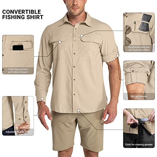 Outdoor Ventures Men's UPF 50+ UV Sun Protection Shirt, Long Sleeve Hiking Fishing Shirt Cooling Quick Dry for Safari Travel - color: Khaki, size: X-Large
