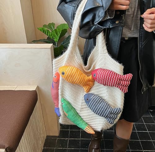 Knitted Beach Shoulder Bag for Women 3D Fish Bohemian Tote Versatile Purse Soft Hobo Handbag for Summer Vacation 2026 - color: E Beige
