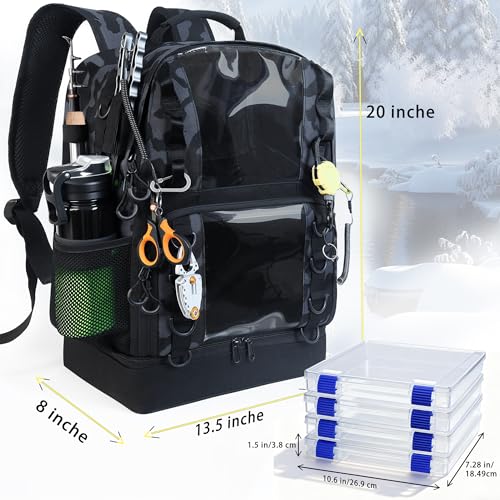 Fishing Tackle Backpack with 4 Tackle Boxes,45L Large Tackle Bag with 2 Rod Holders & Clear Window,Outdoor Fishing Backpack for Fishing,Camping,Hiking,Camouflage - color: Camouflage Black(with 4 Tackle Boxes)