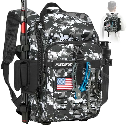 Piscifun Fishing Tackle Backpack with Rod & Gear Holder, Lightweight Outdoor Water-Resistant Fishing Shoulder Storage Bag with Protective Rain Cover, Digital Camouflage - color: Digital Camouflage, size: Standard