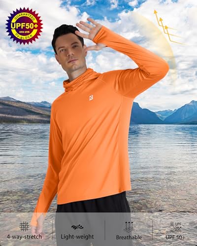 Roadbox Men's UPF 50+ Hooded Fishing Shirts Long Sleeve Sun Protection Hoodie, Hiking Running Swimming Rash Guard with Mask - color: Orange, size: Small