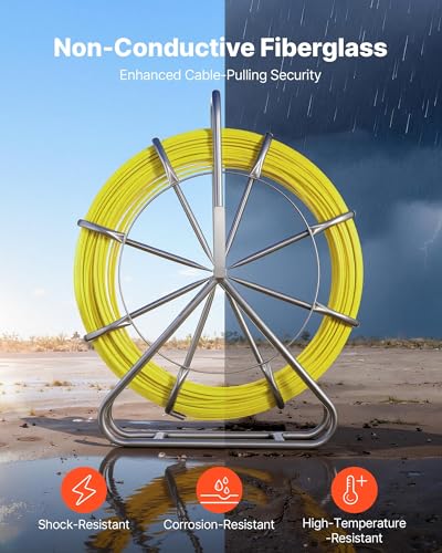 VEVOR Fish Tape Fiberglass, Duct Rodder Fishtape Wire Puller with Stand, 1/4-Inch Cable Running Rod, Marked Every 5 Feet, Fishing Tools for Walls and Electrical Conduit, Non-Conductive - size: 27.17 x 8.27 x 31.50 in / 690 x 210 x 800 mm