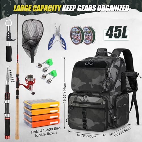 RAINSMORE 45L Fishing Backpack with Rod Holders & Rain Cover Large 900D Water-resistant Fishing Tackle Bag Store Fishing Gear - color: Black Gray Camouflage