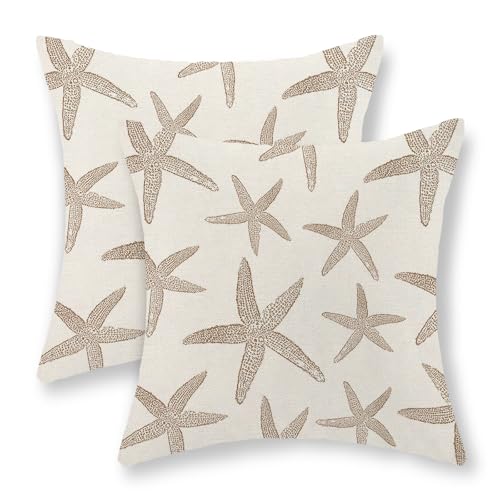 Brown Starfish Pillow Covers 18x18 Set of 2 Coastal Throw Pillows Spring Summer Nautical Ocean Theme Beach Decorative Pillow Cases Farmhouse Outdoor Decor Linen Cushion Case for Couch Sofa - color: Brown Starfish 2, size: 18" x 18" (Pack of 2)