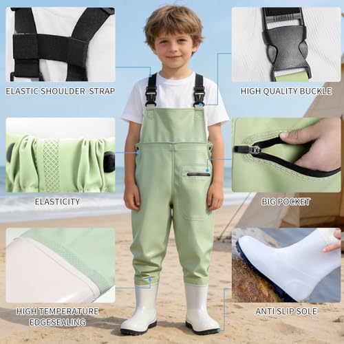 SooGree Kids Chest Wader with Non-Slip Boots,Youth Fishing Hunting Waterproof Waiters, Children Boys Girls Breathable Waders - color: Candy Green, size: Foot length：7.67"；Height：47.24"-51.18"