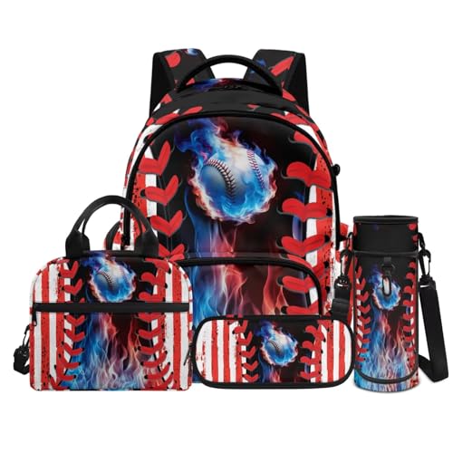 Baseball Backpack 4 Pieces American Flag School Backpack with Lunch Bag Handbag Pencil Case Water Bottle Sling Bag Elementary Middle Rucksack Travel Bookbag - color: Baseball