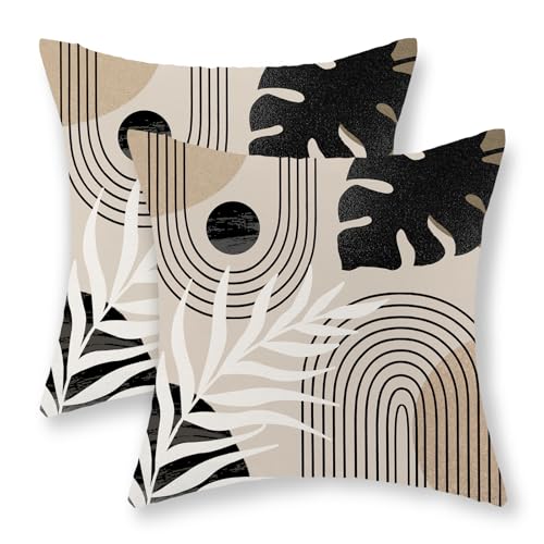 Boho Black Pillow Covers 18x18 Inch Set of 2 Black BeigeTropical Leaf Decor Mid Century Throw Pillows Outdoor Bohemian Modern Decorative Pillowcase Farmhouse Linen Cushion Case for Couch Sofa - color: Black-mid Century 2, size: 18" x 18" (Pack of 2)