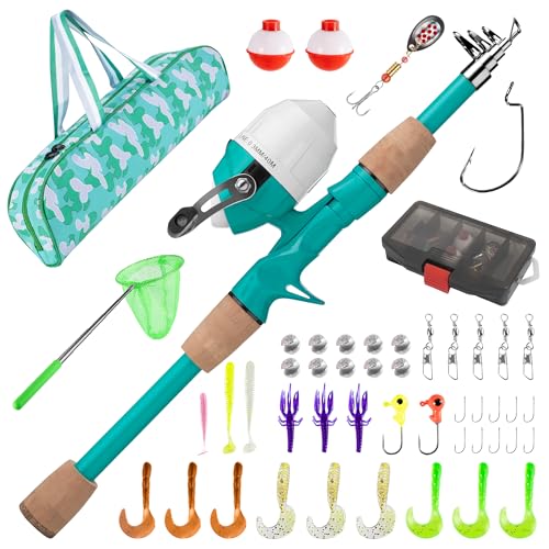 Kids Fishing Pole, Portable Telescopic Kids Fishing Poles for Boys Girls Youth, Fishing Rod and Reel Combo - color: Turquoise