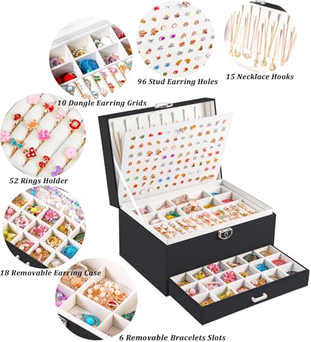 QBestry Earring Jewelry Box for Women Girls Stud Organizer, 5 Layers Black Jewelry Organizer Box With Lock Necklaces and Earrings Holder Jewelry Box with Earring Organizxer for Women Girls Xmas Gifts - color: Black, size: Large