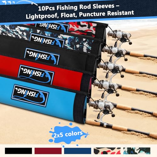 Neoprene Fishing Rod Sleeves for Casting, Spinning, Trolling Pole - Protective Cover Rod Sock with Hanging Loop & Lanyard- Floating, Puncture Resistant, Lightproof - size: 58", style: 10 Pcs