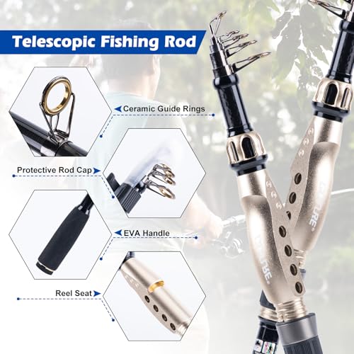 GOTURE Telescopic Fishing Rod and Reel Combos, Carbon Fiber Travel Fishing Pole, 9+1 BB Spinning Reel, Saltwater Freshwater Fishing Gear Kit with Braided Line, Lures, Carrier Bag for Bass Trout - color: 2 Rod & 2 Reel Spinning Fishing Combo - Oxford Soft
