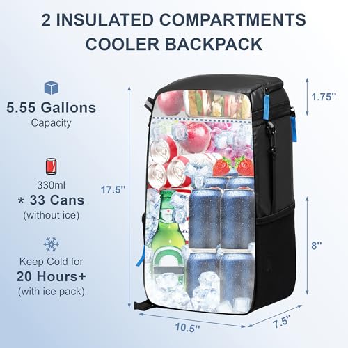 SPARTER Backpack Cooler Insulated Leak Proof 33/49 Cans, 2 Insulated Compartments Thermal Bag, Portable Lightweight Beach Travel Camping Lunch Backpack for Men and Women - color: Black, size: 33 Can